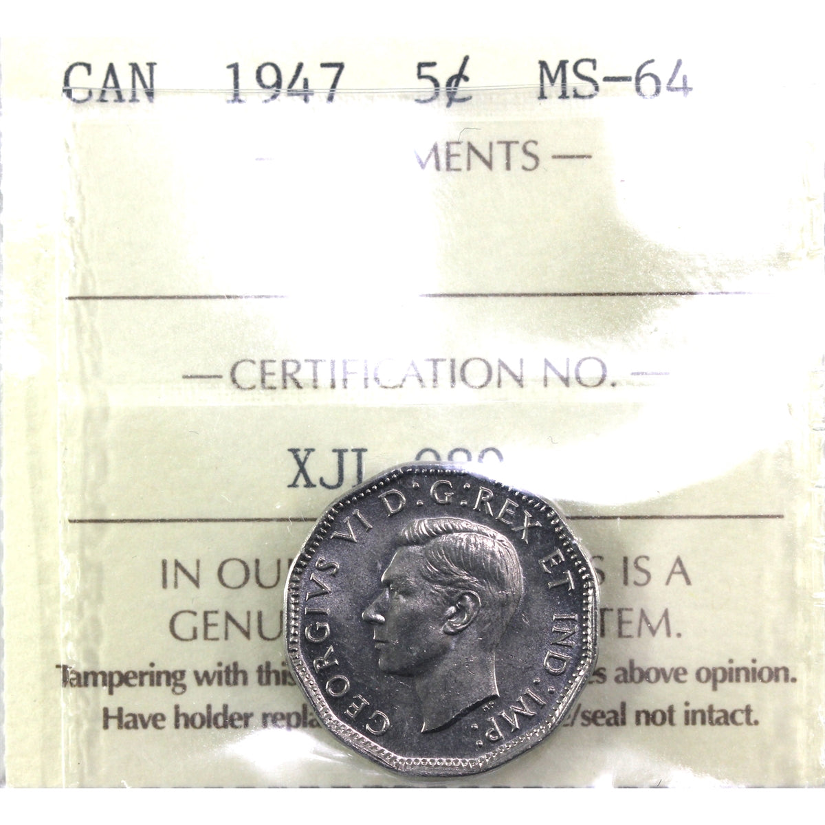 1947 Canada 5-cents ICCS Certified MS64