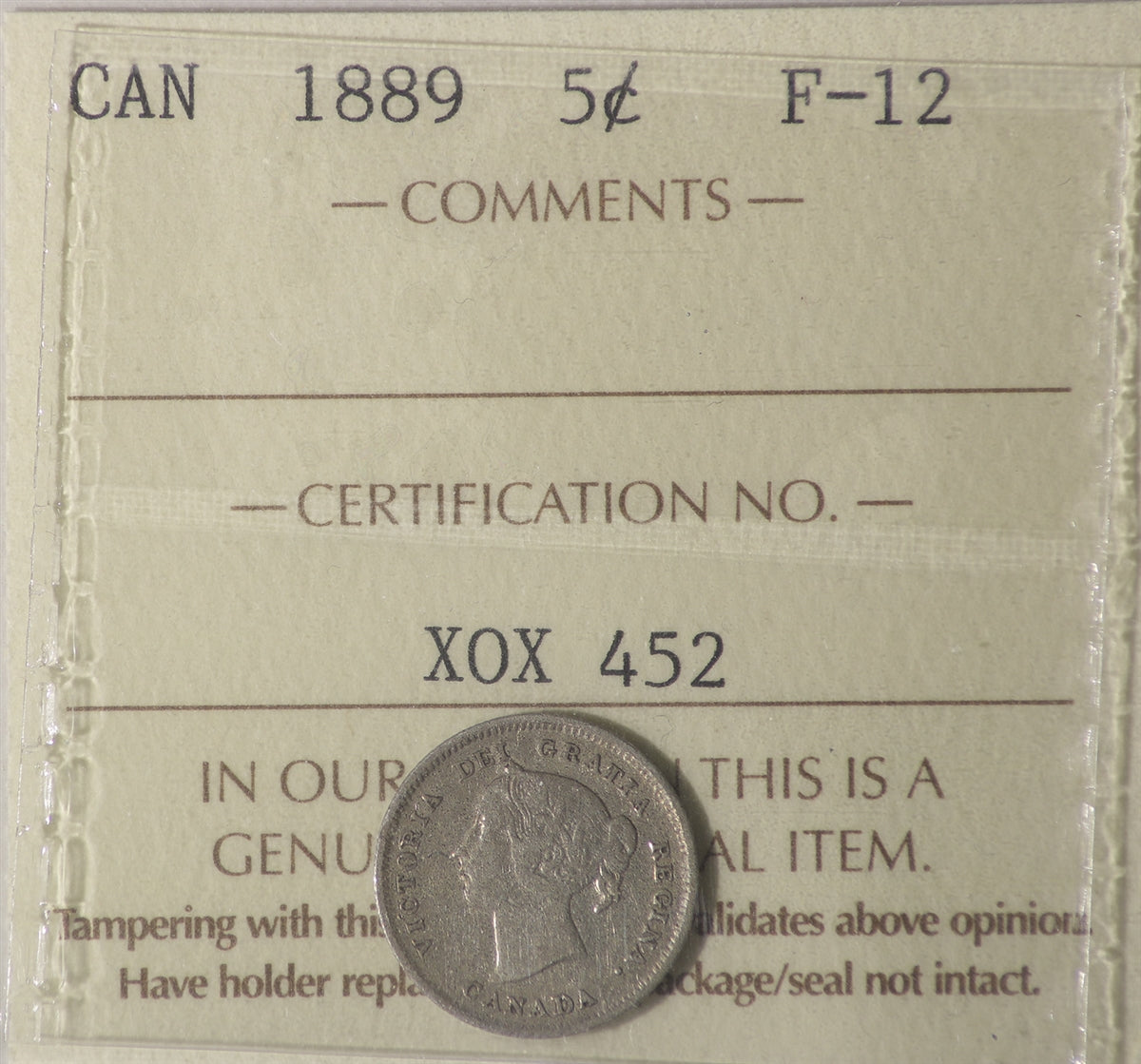 1889 Canada 5-cents ICCS Certified F12