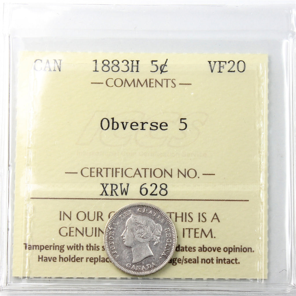 1883H Obv. 5 Canada 5-cents ICCS Certified VF20