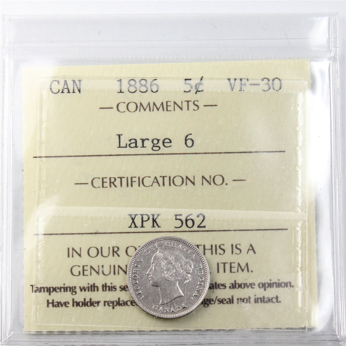 1886 Large 6 Canada 5-cents ICCS Certified VF30