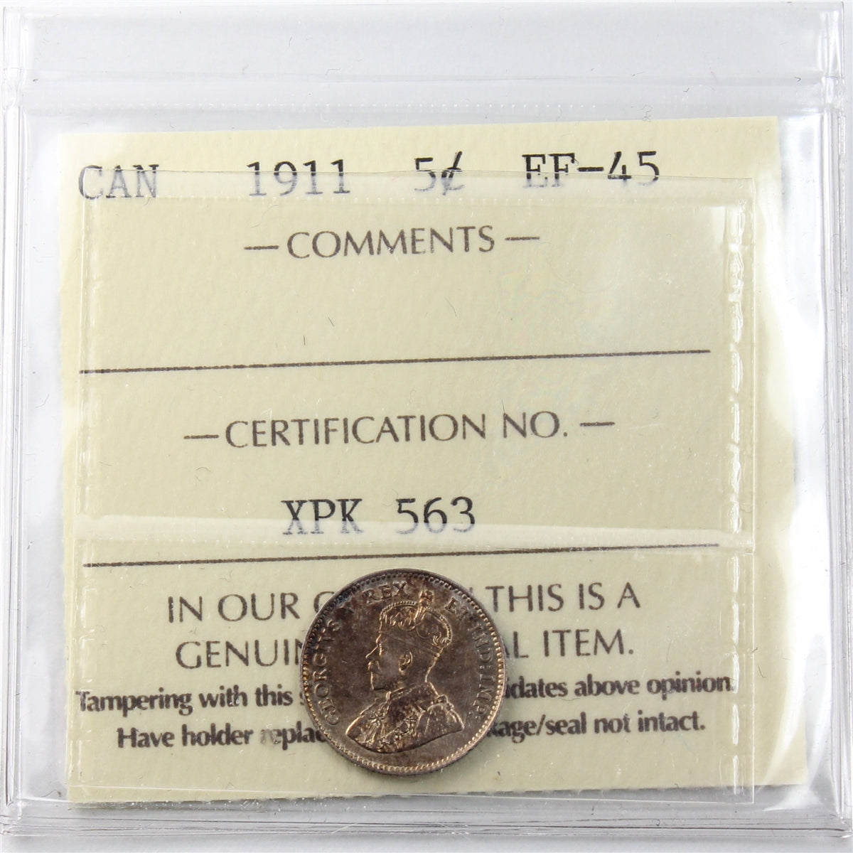 1911 Canada 5-cents ICCS Certified EF45