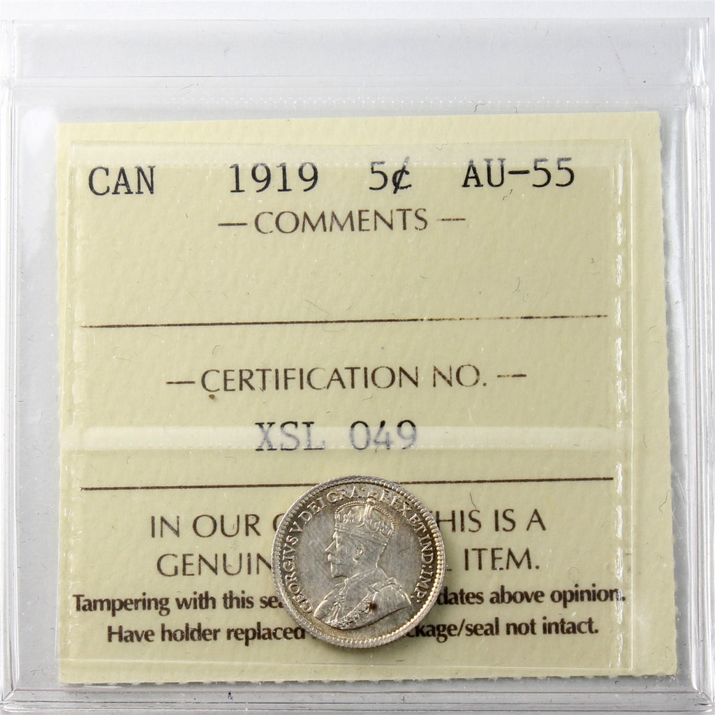 1919 Canada 5-cents ICCS Certified AU55