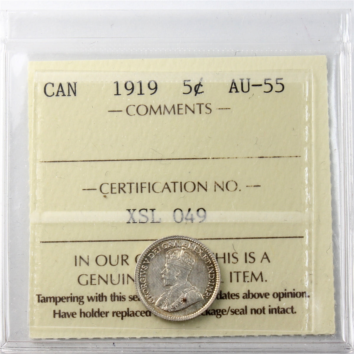 1919 Canada 5-cents ICCS Certified AU55
