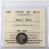 1875H Small Date Canada 5-cents ICCS Certified AG3 (MH 409)