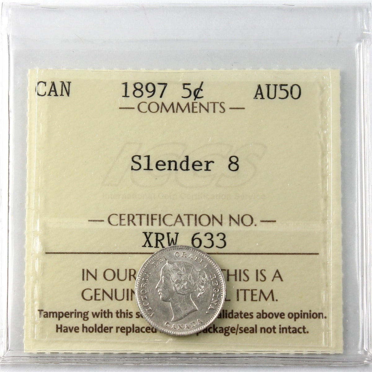 1897 Slender 8 Canada 5-cents ICCS Certified AU50