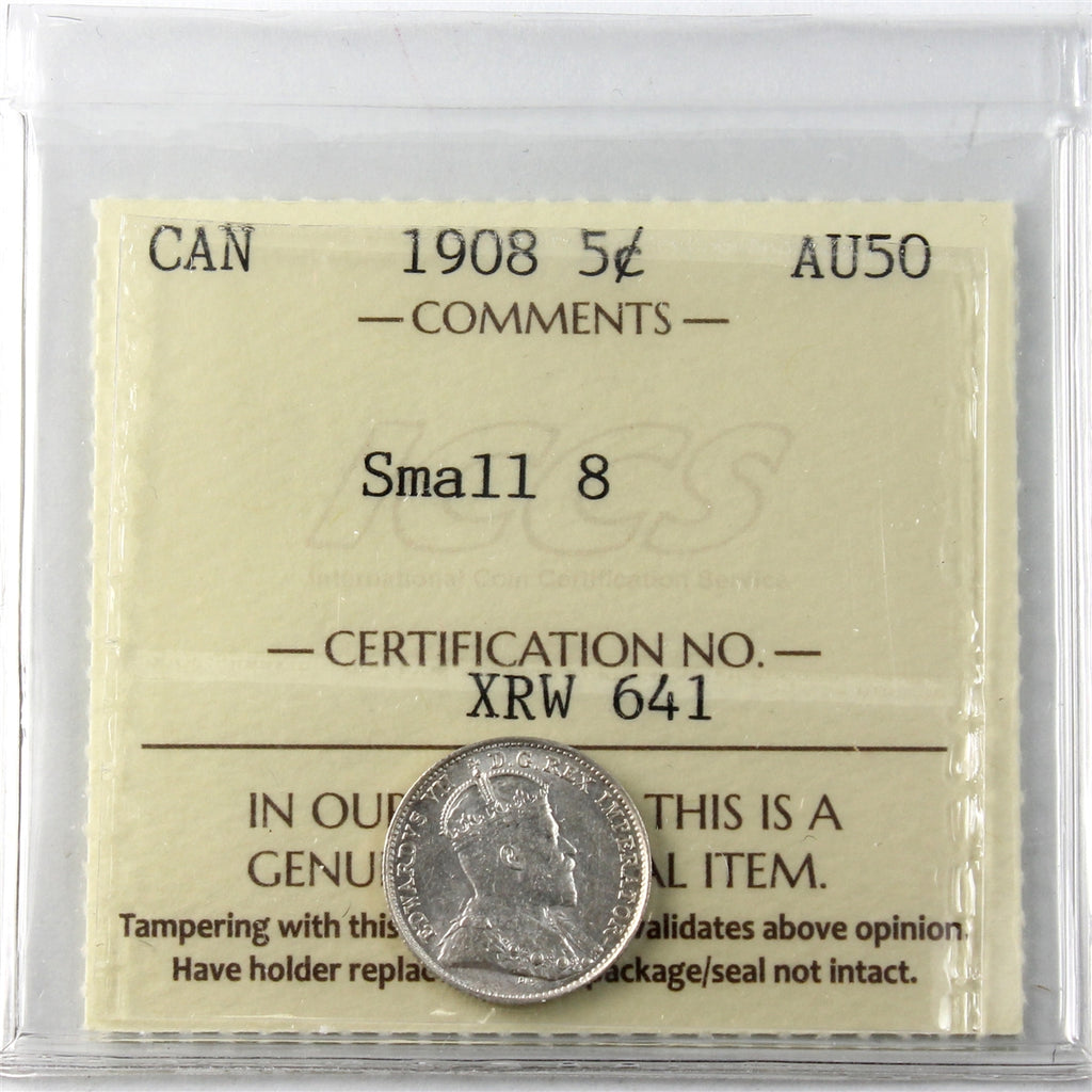 1908 Small 8 Canada 5-cents ICCS Certified AU50