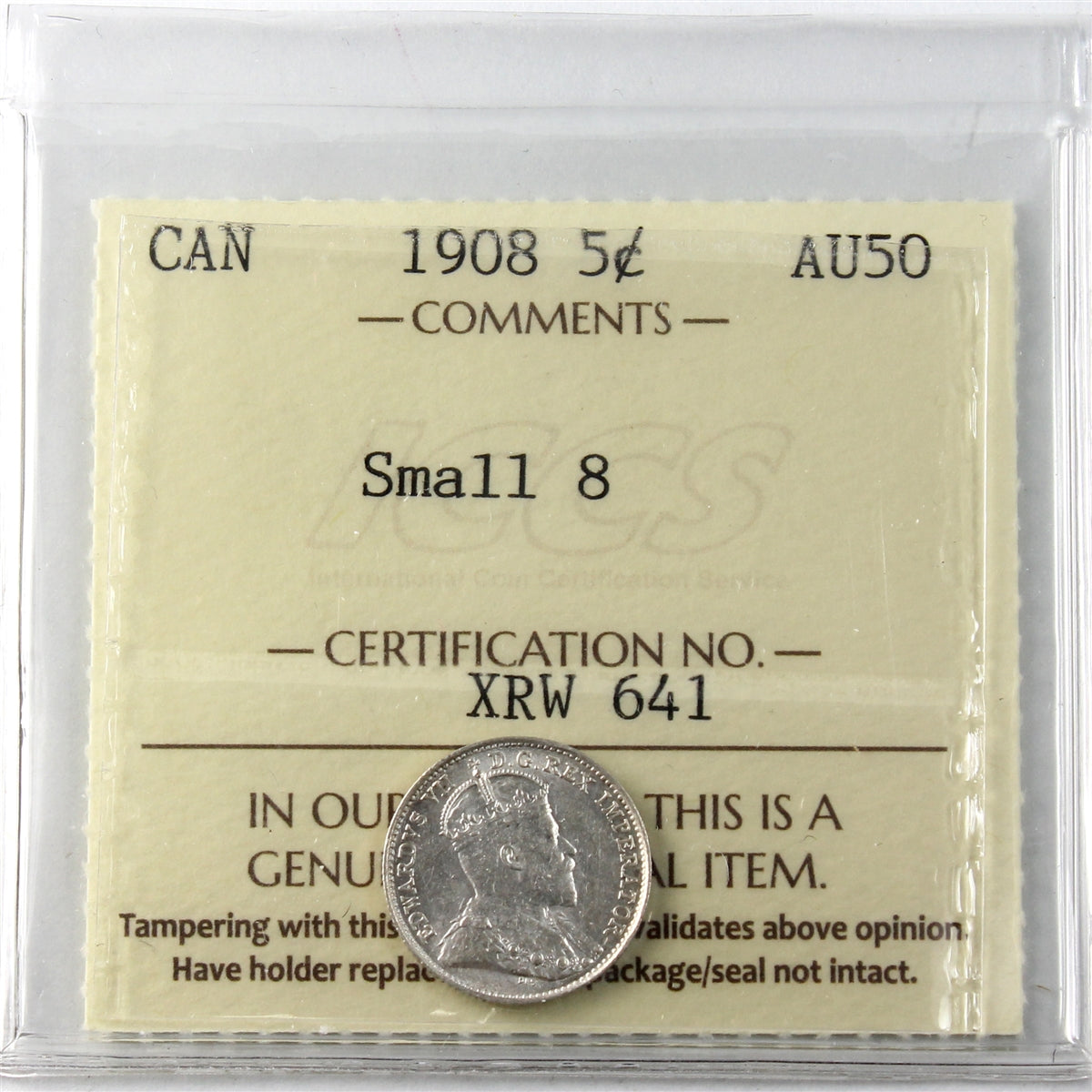 1908 Small 8 Canada 5-cents ICCS Certified AU50