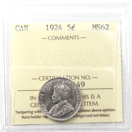 1924 Canada 5-cents ICCS Certified MS-62