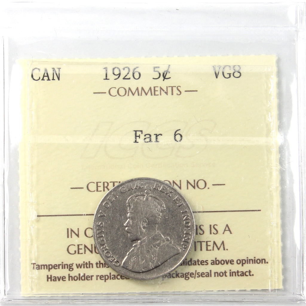 1926 Far 6 Canada 5-cents ICCS Certified VG8 (XCN 144)
