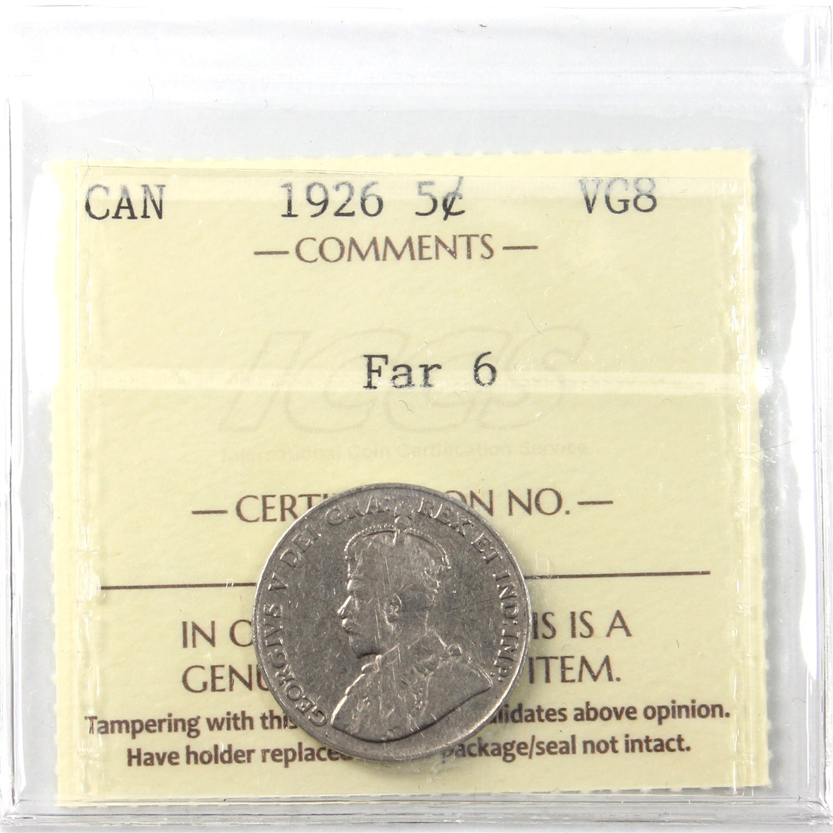 1926 Far 6 Canada 5-cents ICCS Certified VG8 (XCN 144)