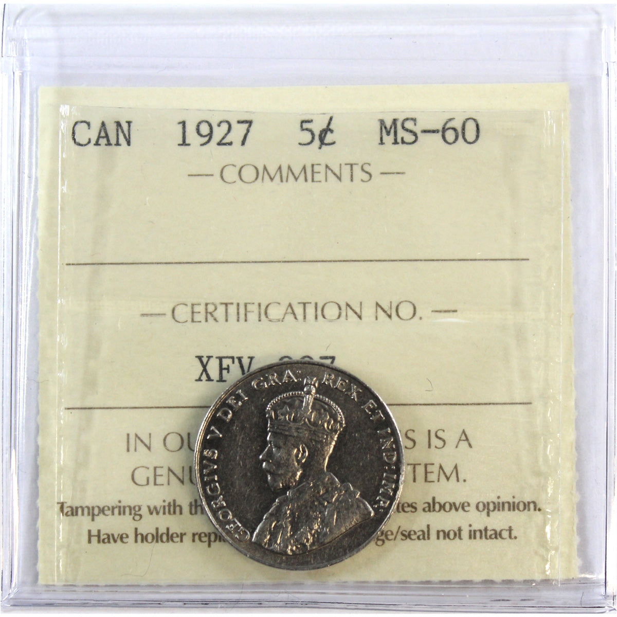 1927 Canada 5-cents ICCS Certified MS60