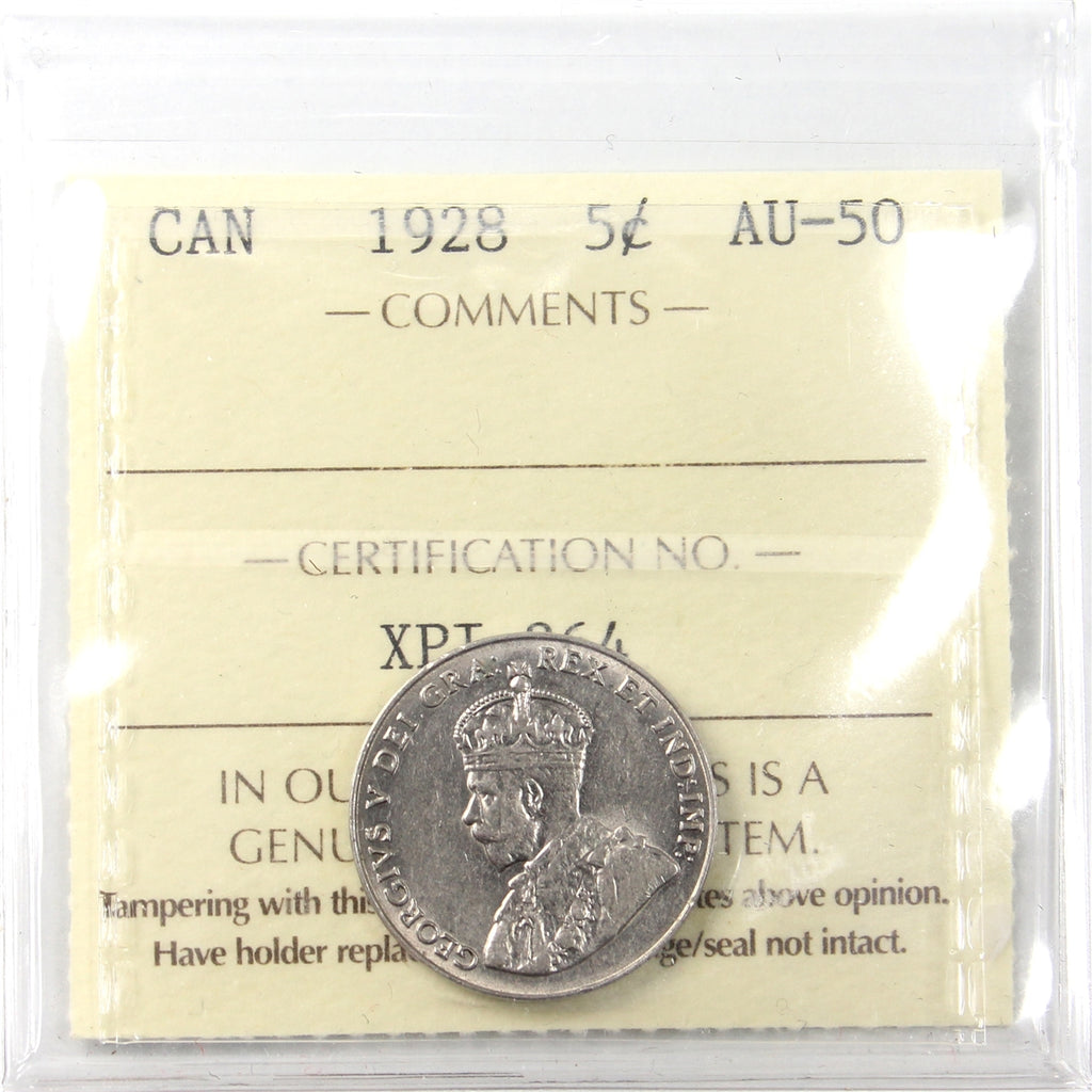 1928 Canada 5-cents ICCS Certified AU50
