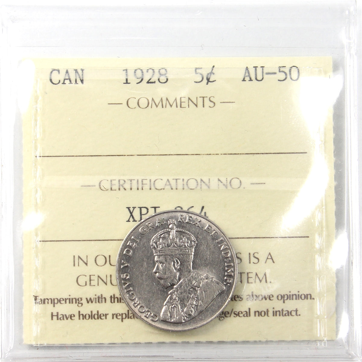 1928 Canada 5-cents ICCS Certified AU50