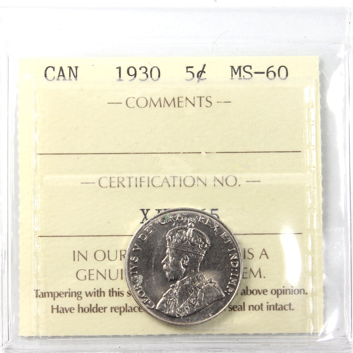 1930 Canada 5-cents ICCS Certified MS60