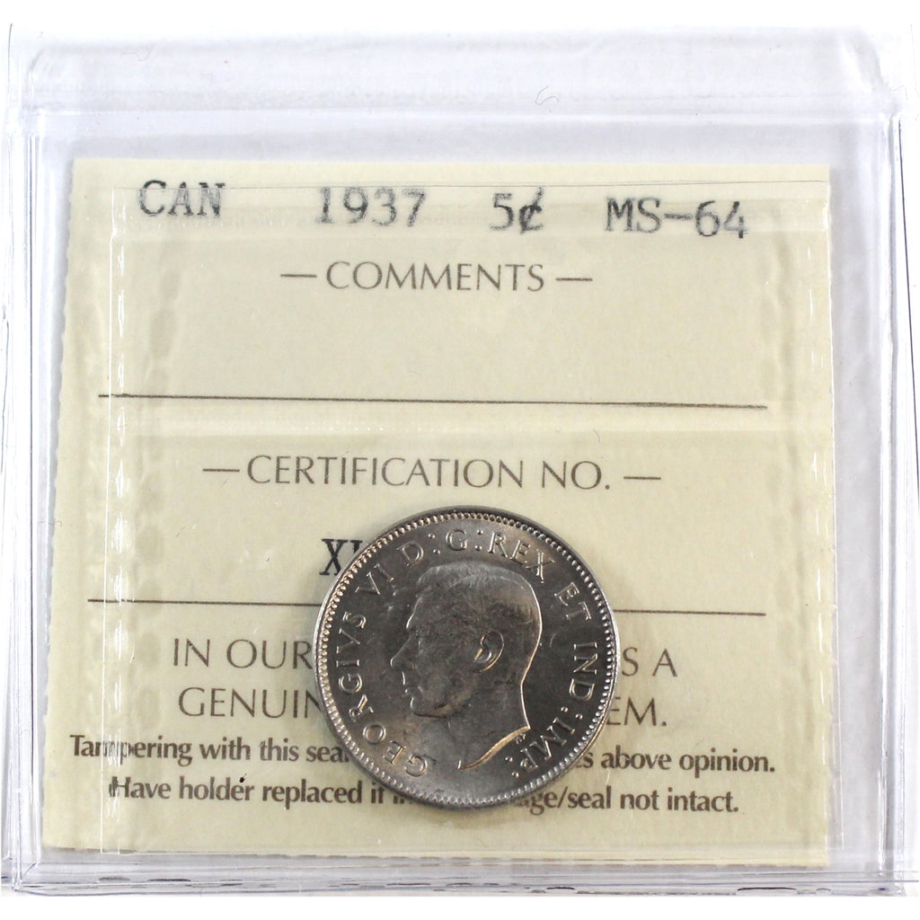 1937 Canada 5-cents ICCS Certified MS64