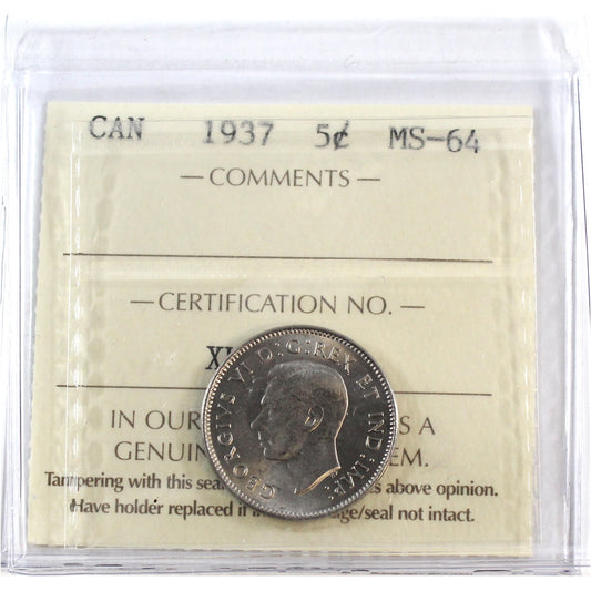 1937 Canada 5-cents ICCS Certified MS64