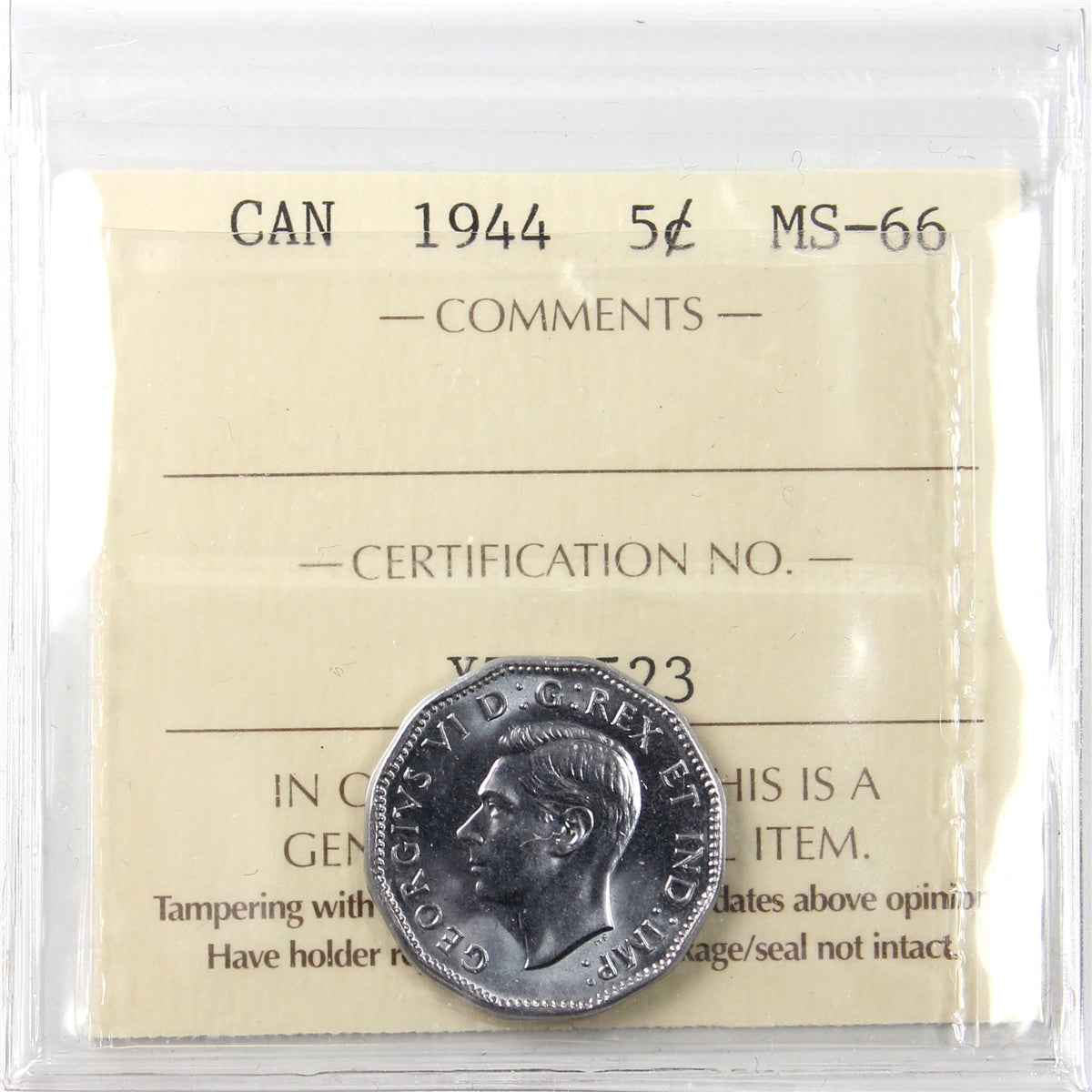 1944 Canada 5-cents ICCS Certified MS66 (XZZ 523)