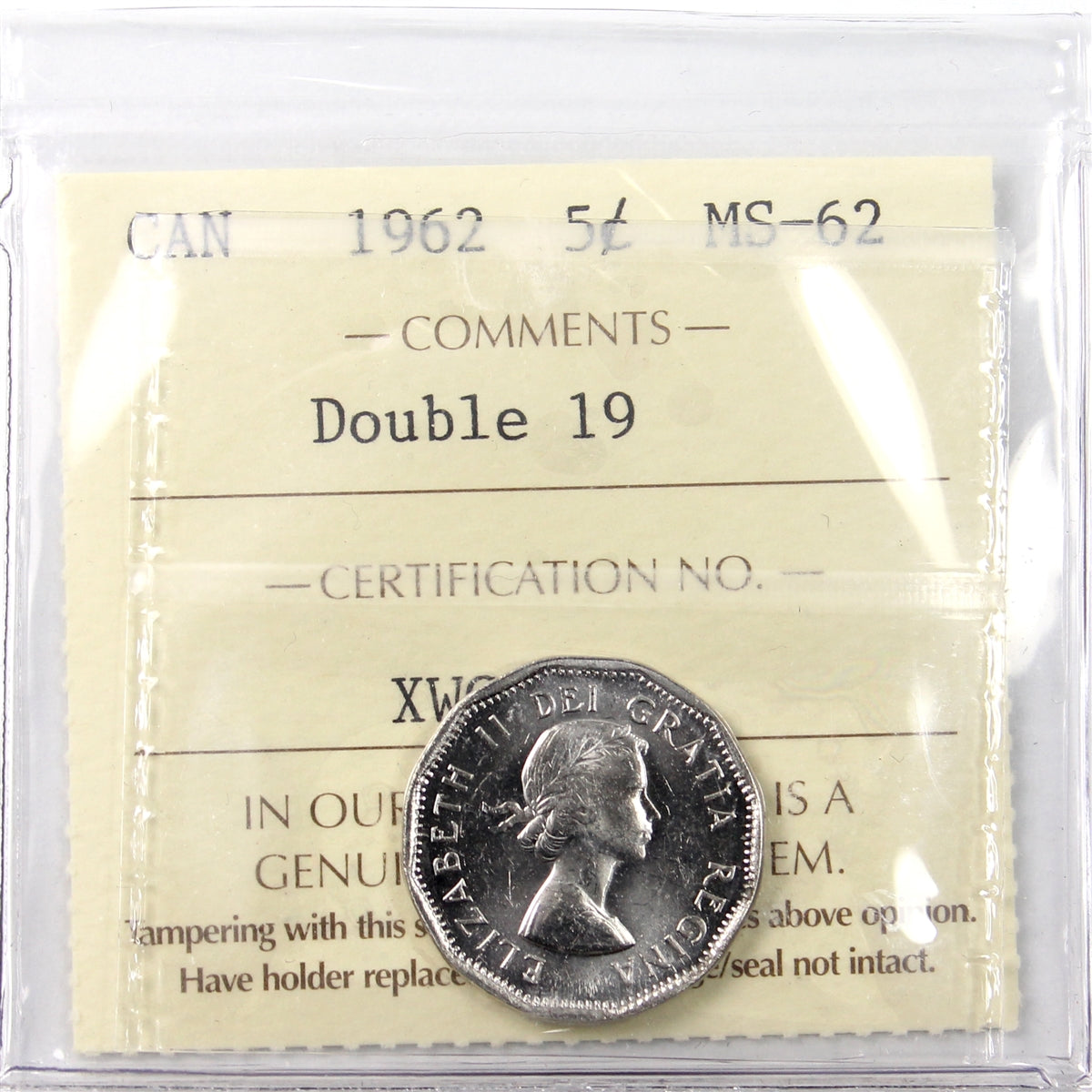 1962 Double 19 Canada 5-cents ICCS Certified MS62
