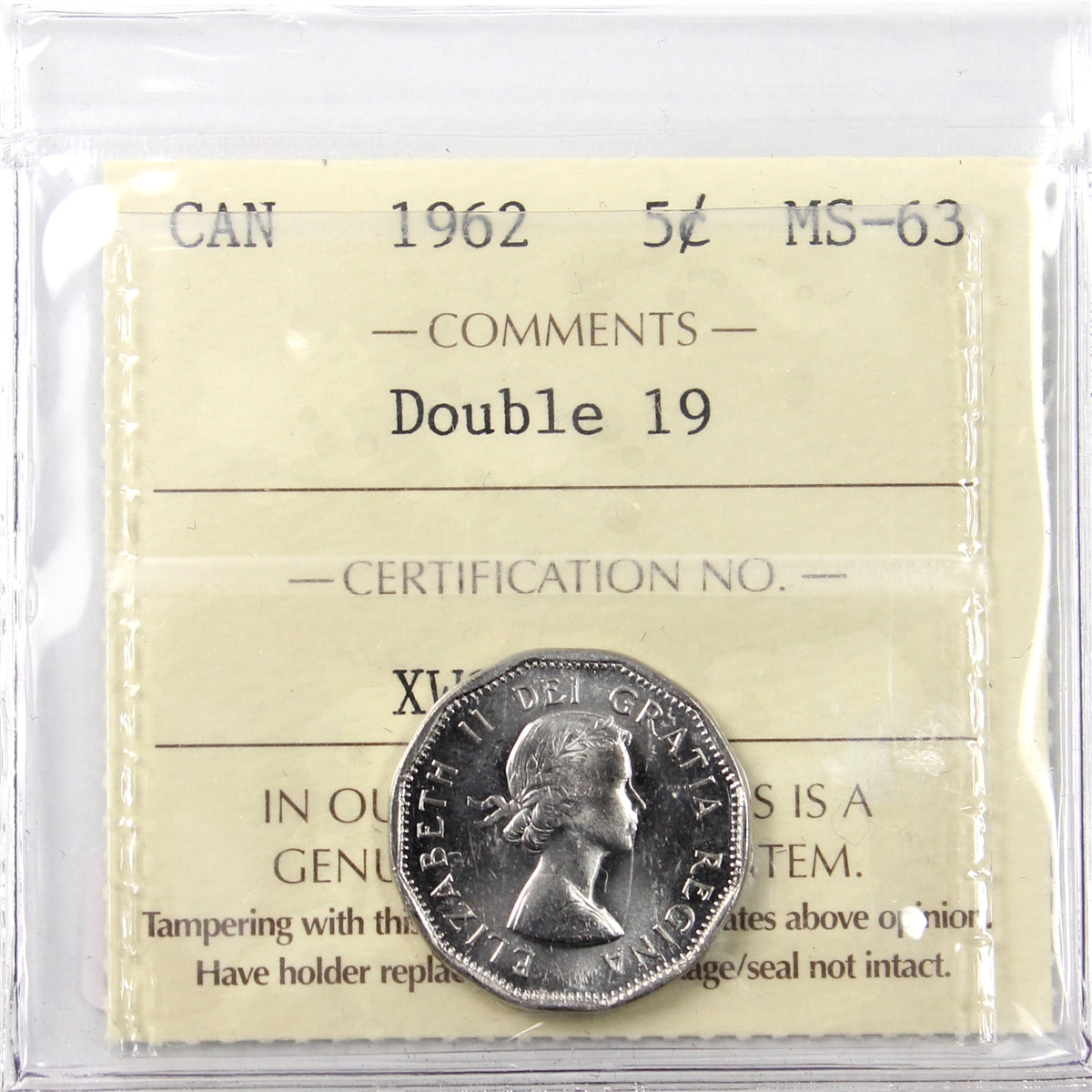 1962 Double 19 Canada 5-cents ICCS Certified MS63