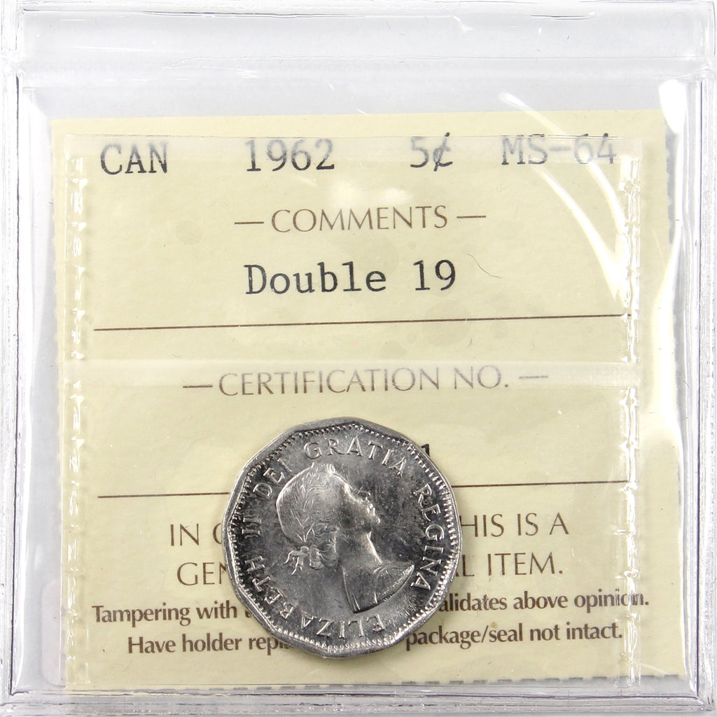 1962 Double 19 Canada 5-cents ICCS Certified MS64