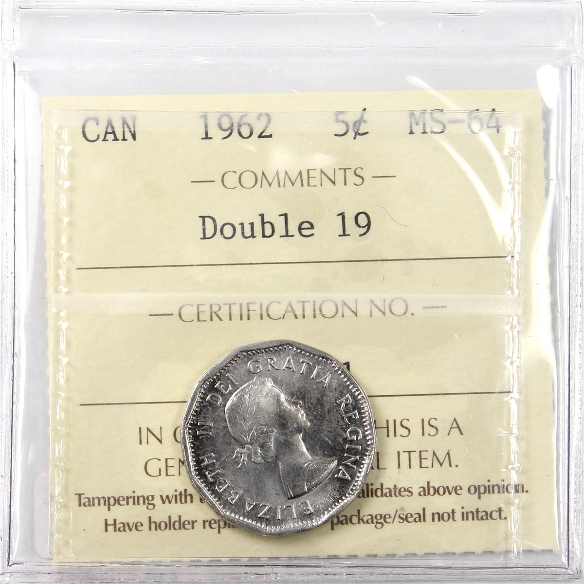 1962 Double 19 Canada 5-cents ICCS Certified MS64