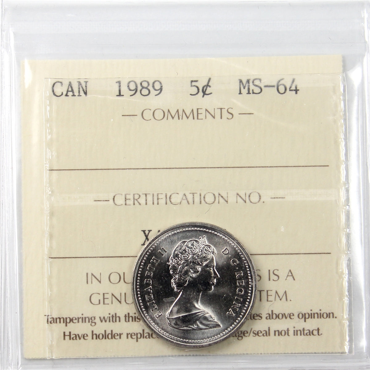 1989 Canada 5-cents ICCS Certified MS64