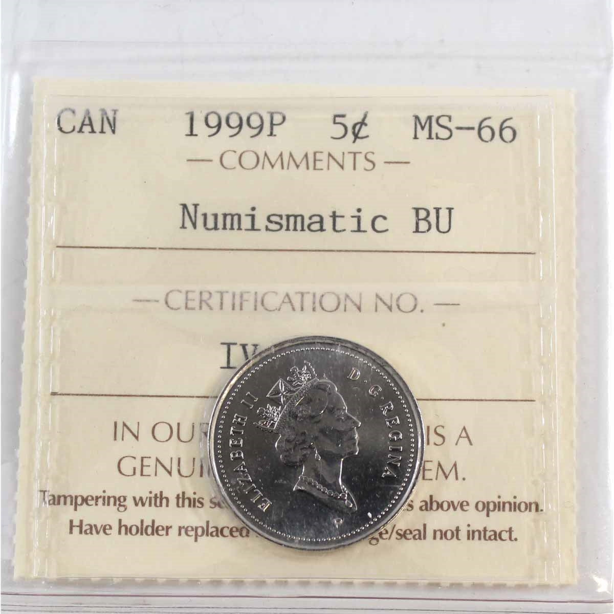 1999P Canada 5-cents ICCS Certified MS66 Numismatic BU