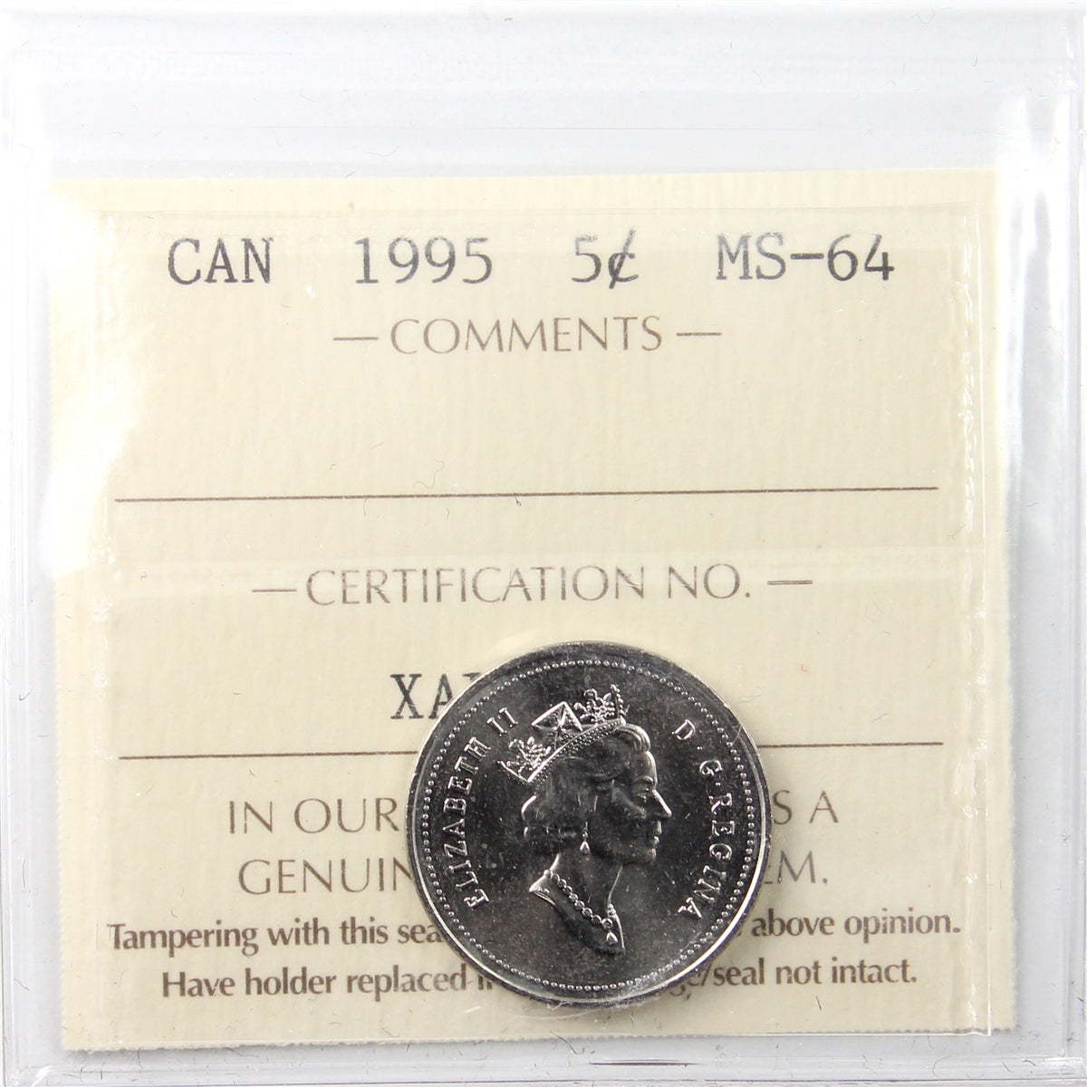 1995 Canada 5-cents ICCS Certified MS64