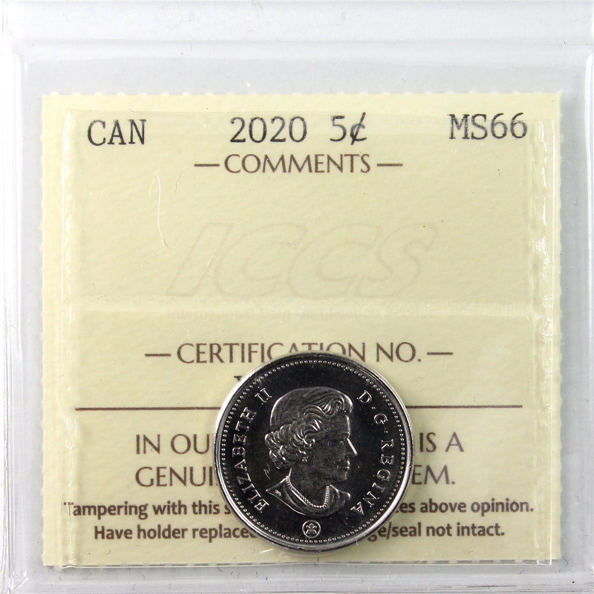 2020 Canada 5-cents ICCS Certified MS66
