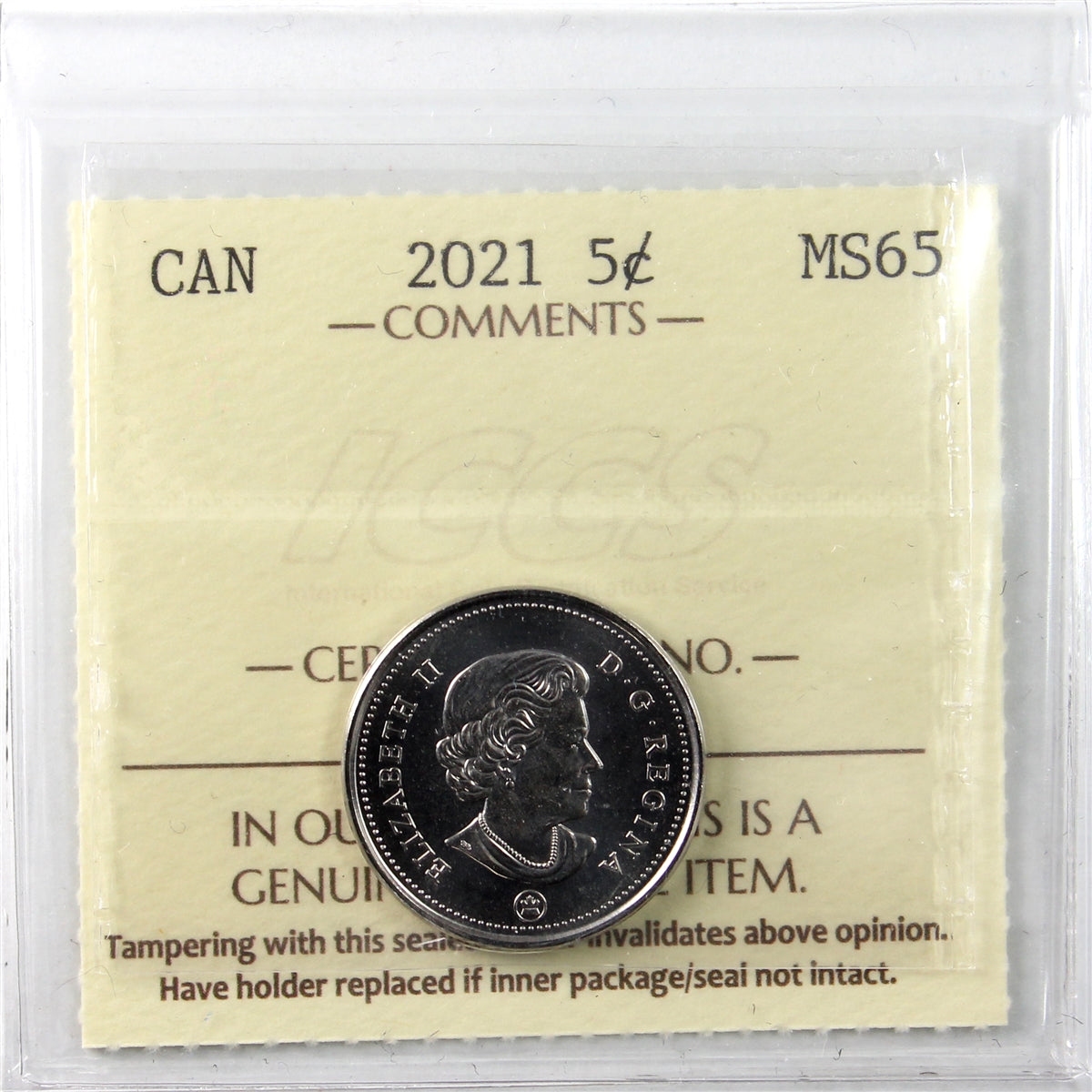 2021 Canada 5-cents ICCS Certified MS65