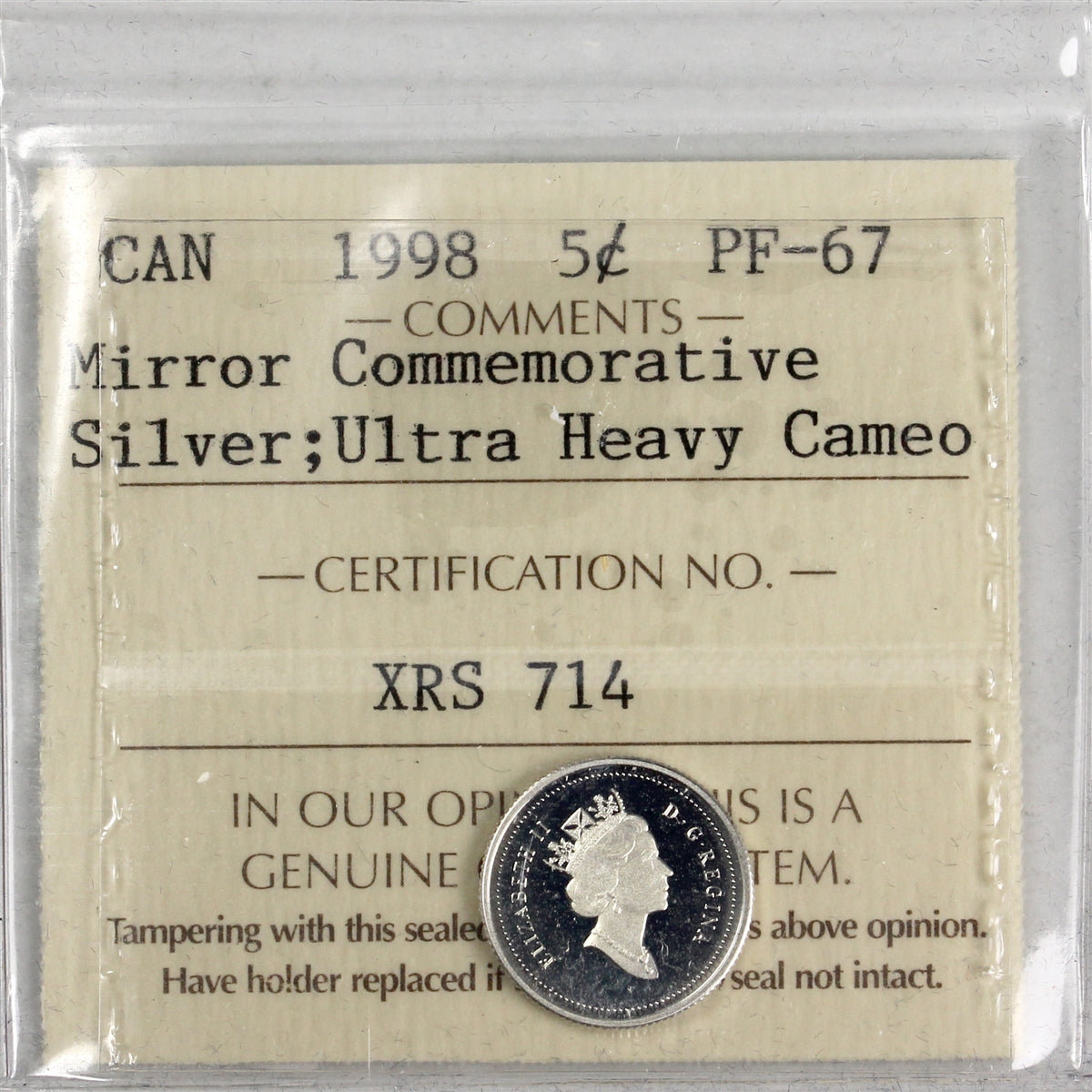1998 Mirror Commemorative Silver Canada 5-cents ICCS Certified PF-67 Ultra Heavy Cameo