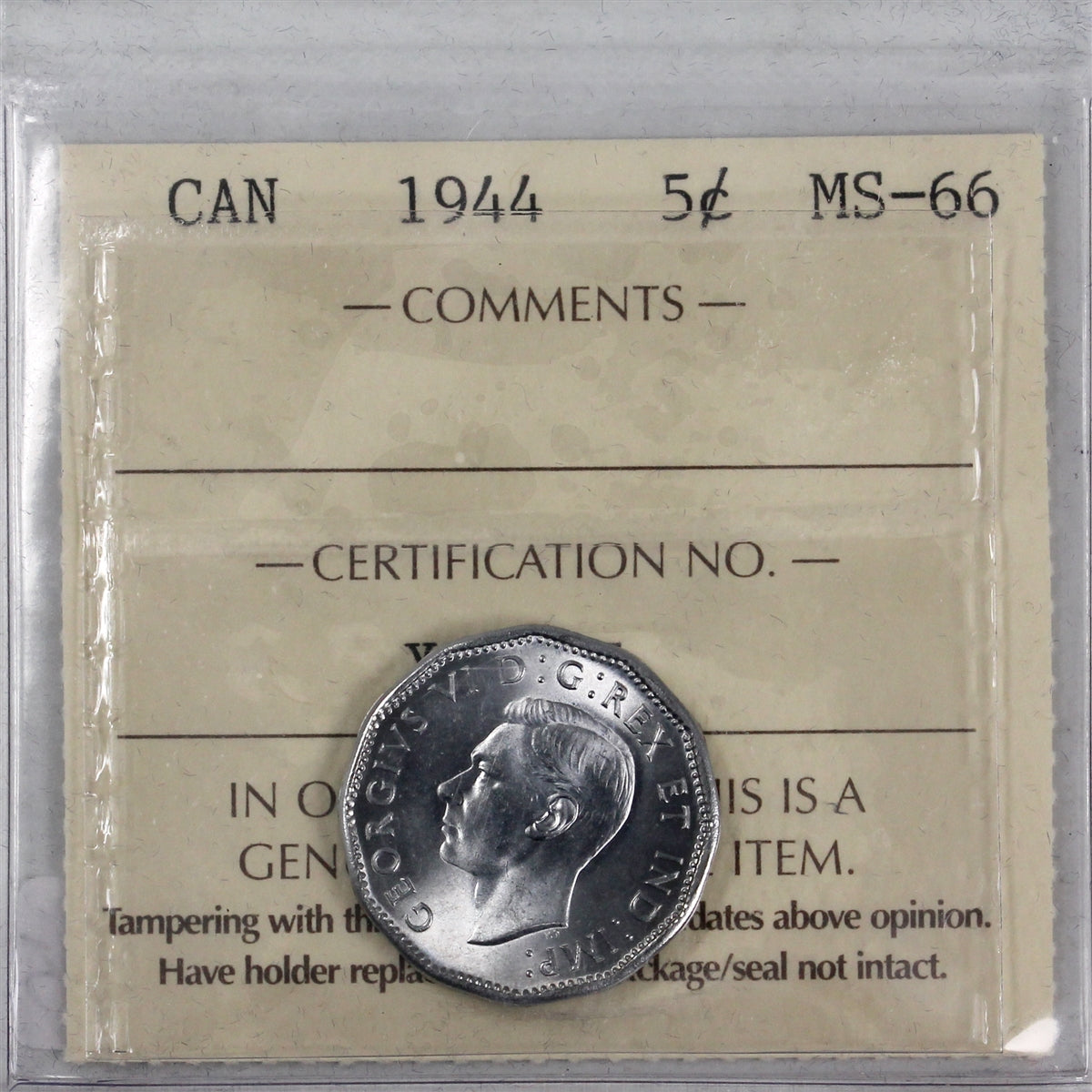 1944 Canada 5-cents ICCS Certified MS66