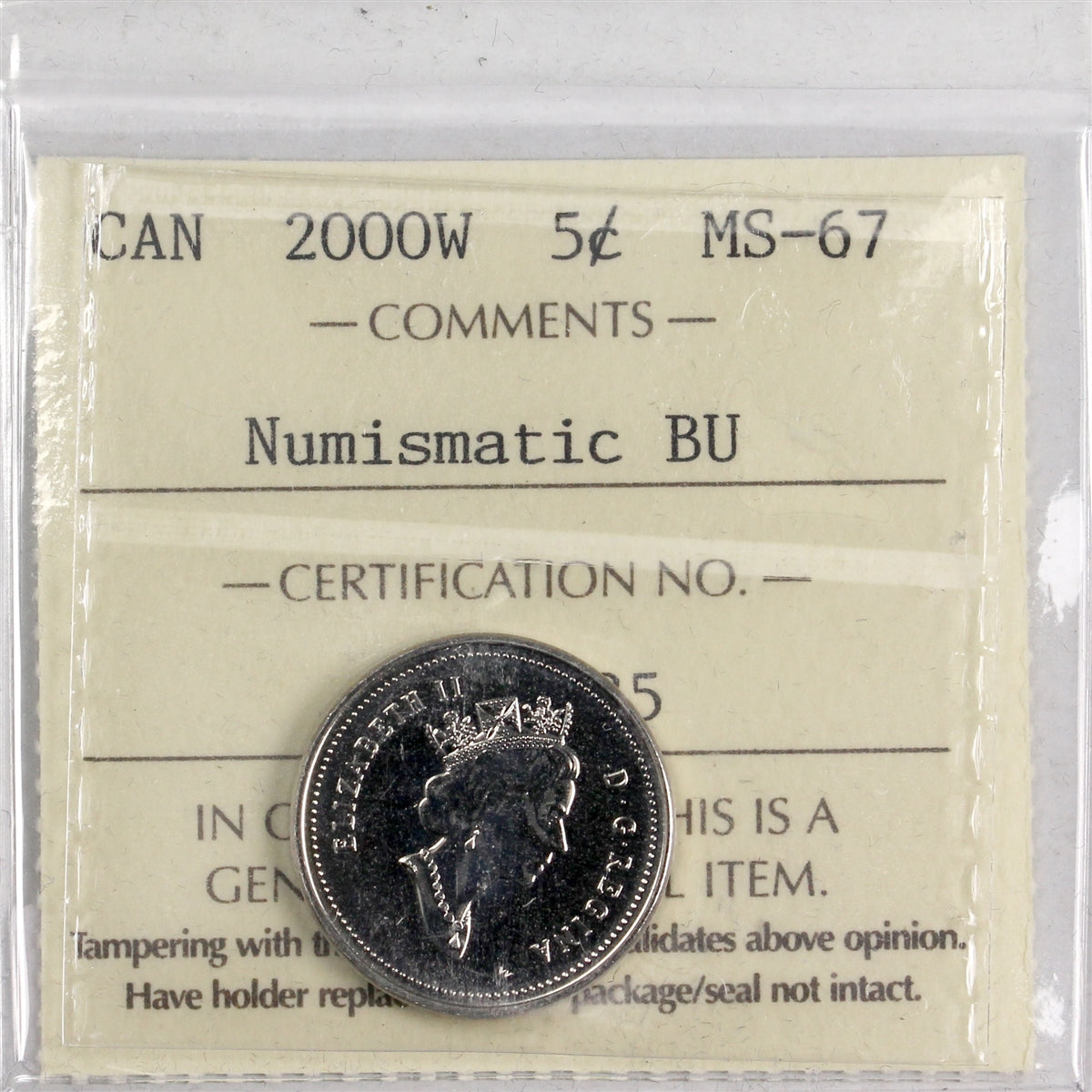2000W Canada 5-cents ICCS Certified MS67 Numismatic BU