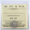 1871 Canada 5-cents ICCS Certified VF30
