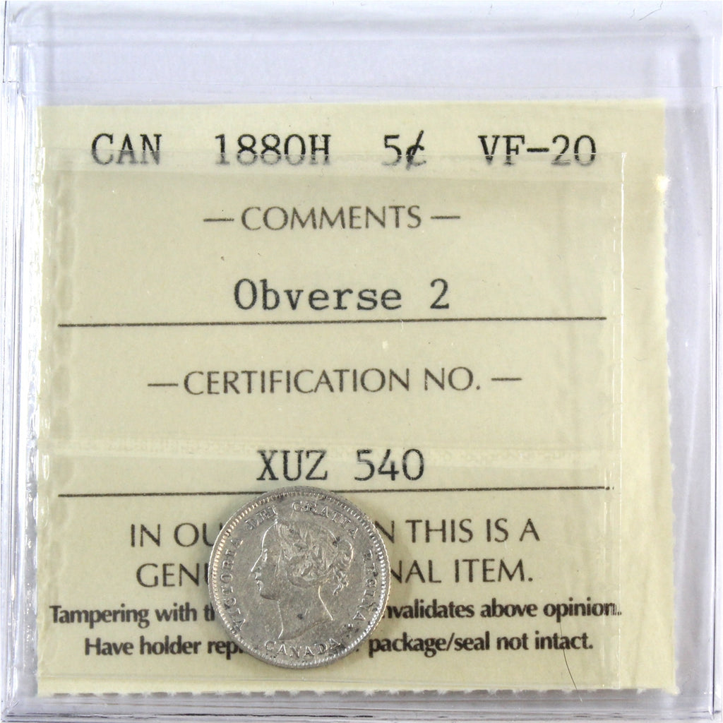 1880H Obv. 2 Canada 5-cents ICCS Certified VF20