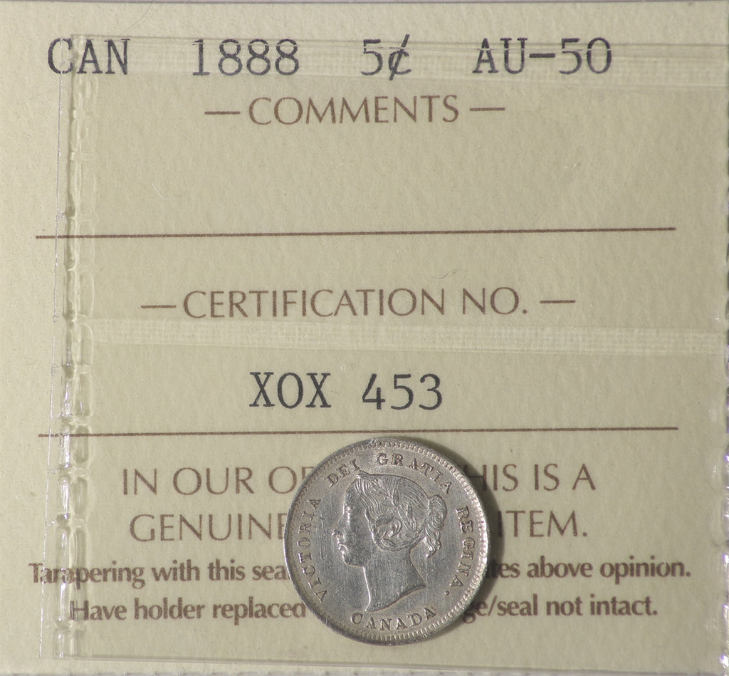 1888 Canada 5-cents ICCS Certified AU50