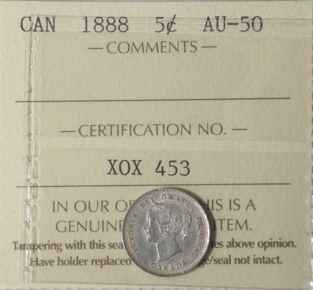 1888 Canada 5-cents ICCS Certified AU50