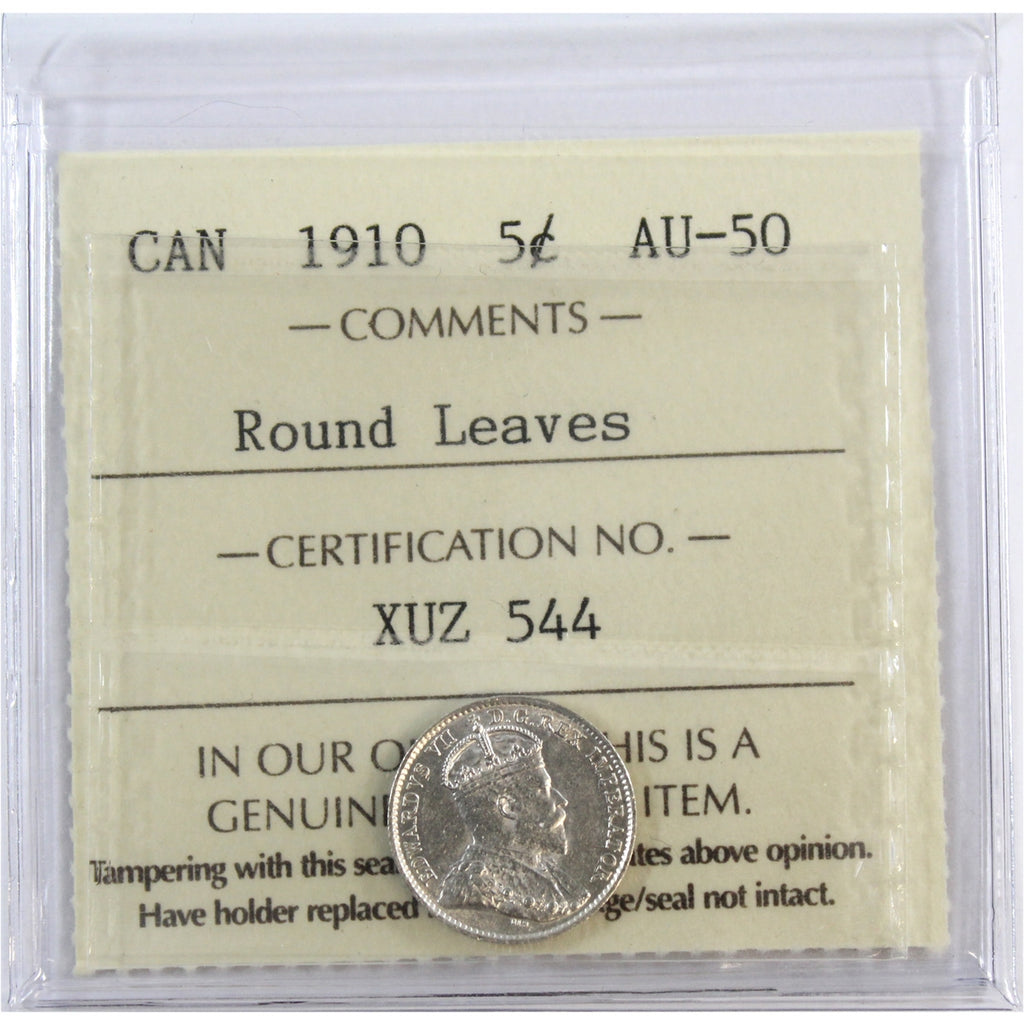 1910 Round Leaves Canada 5-cents ICCS Certified AU50