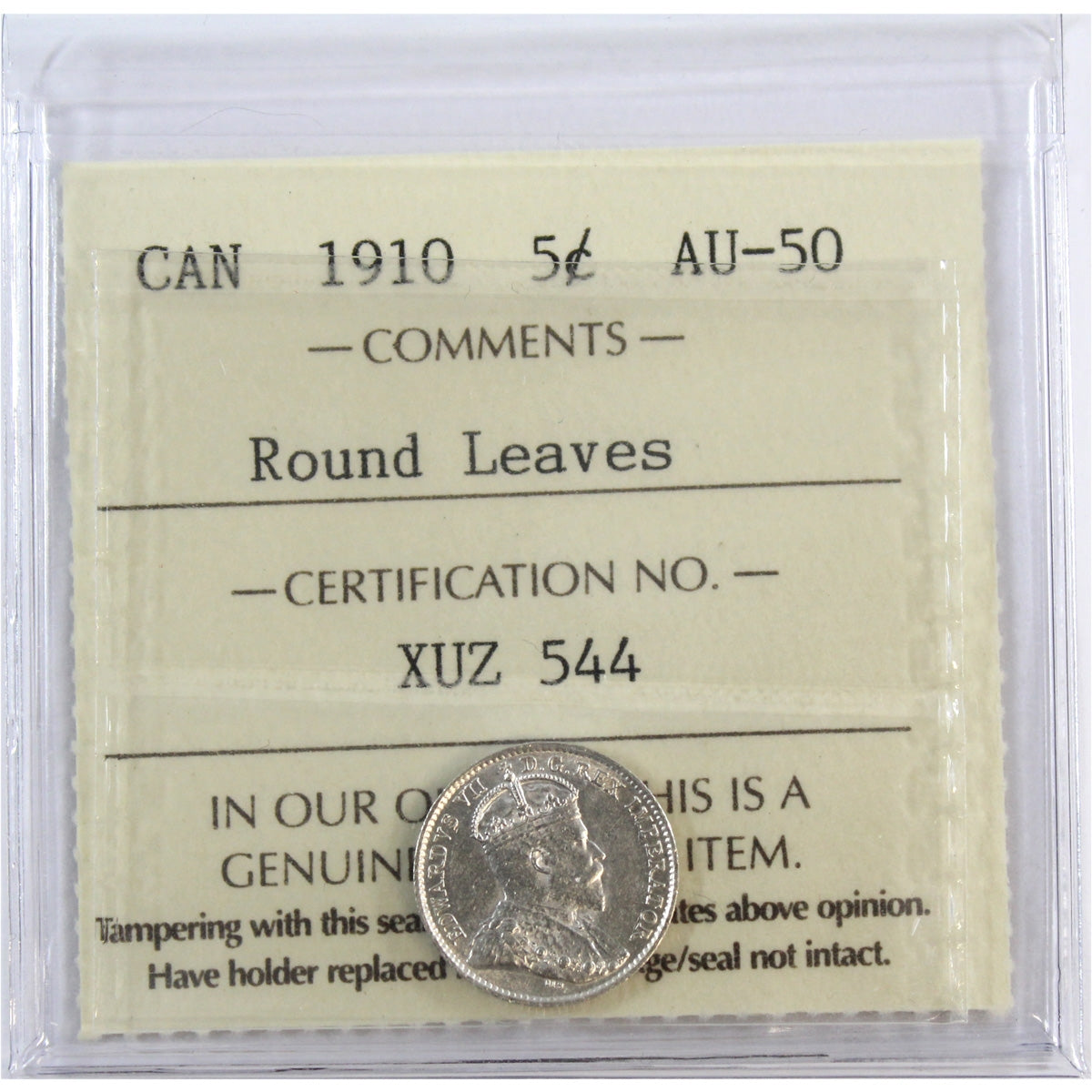 1910 Round Leaves Canada 5-cents ICCS Certified AU50