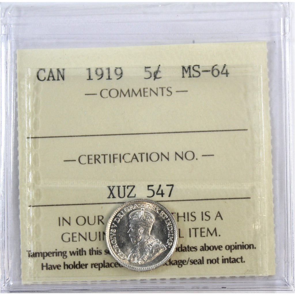 1919 Canada 5-cents ICCS Certified MS64