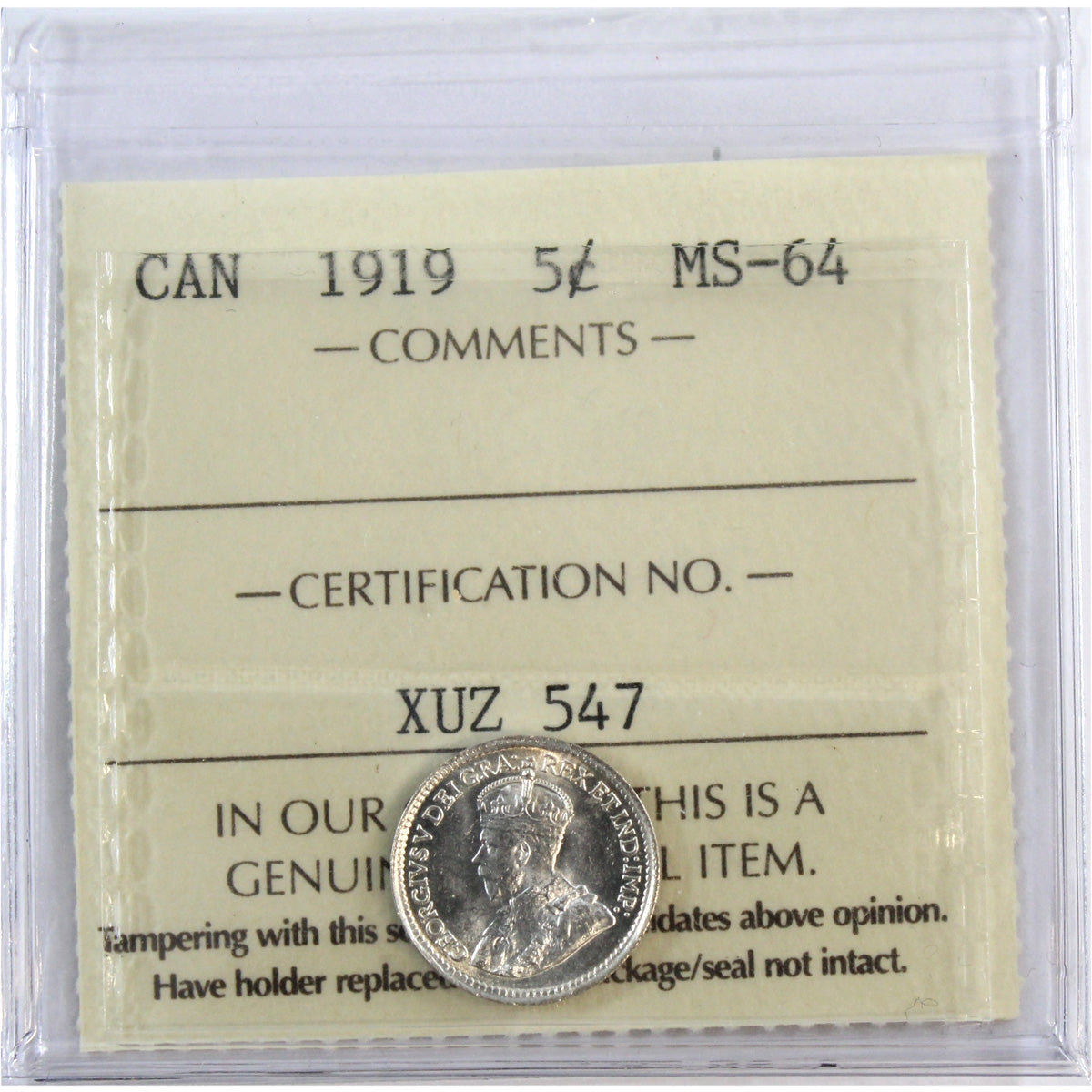 1919 Canada 5-cents ICCS Certified MS64