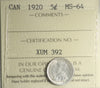 1920 Canada 5-cents ICCS Certified MS64 (XUM 392)