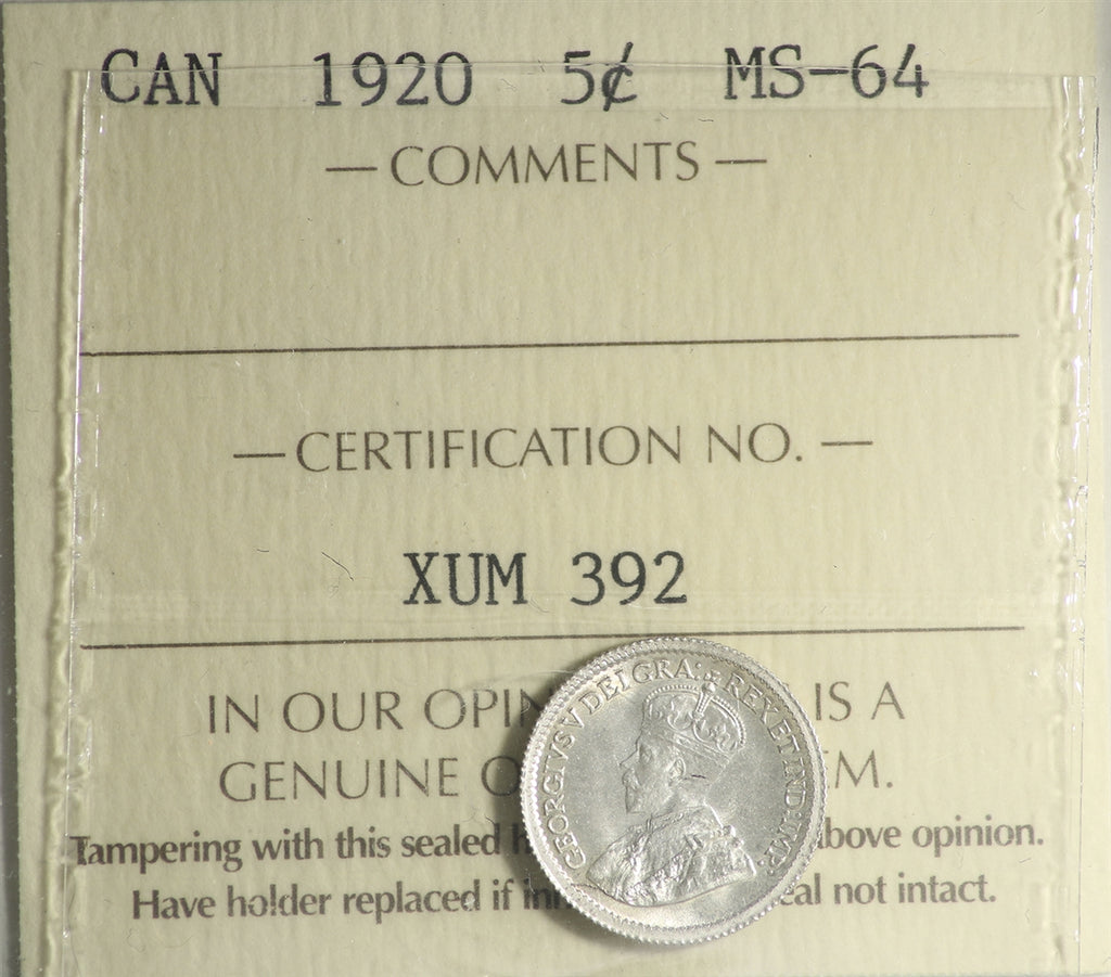1920 Canada 5-cents ICCS Certified MS64 (XUM 392)