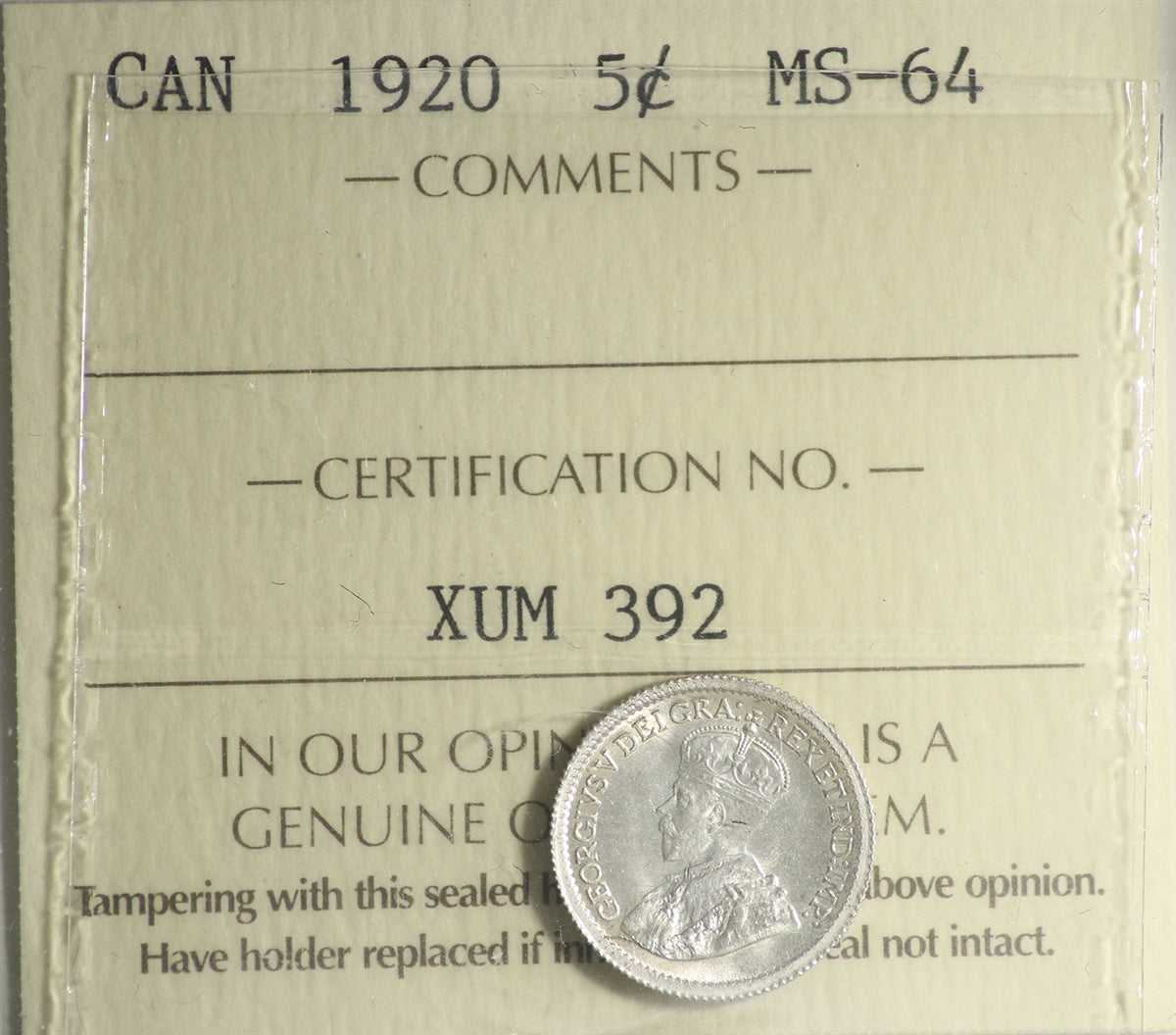 1920 Canada 5-cents ICCS Certified MS64 (XUM 392)