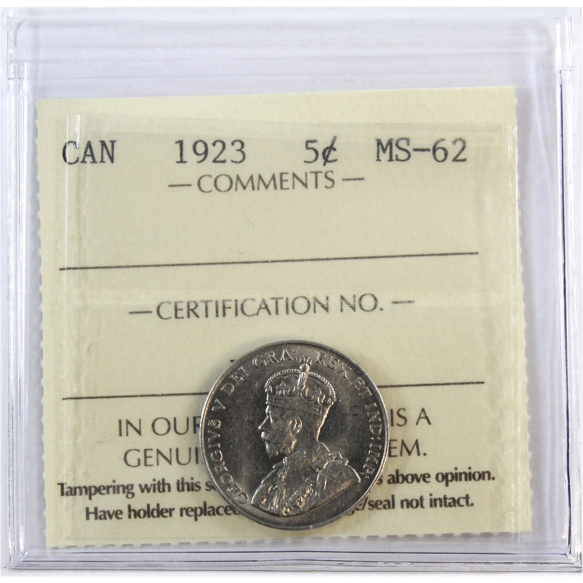 1923 Canada 5-cents ICCS Certified MS62 (XFV 103)