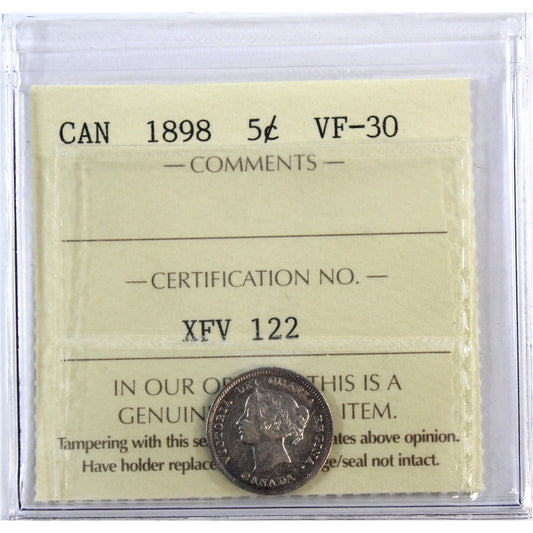 1898 Canada 5-cents ICCS Certified VF30