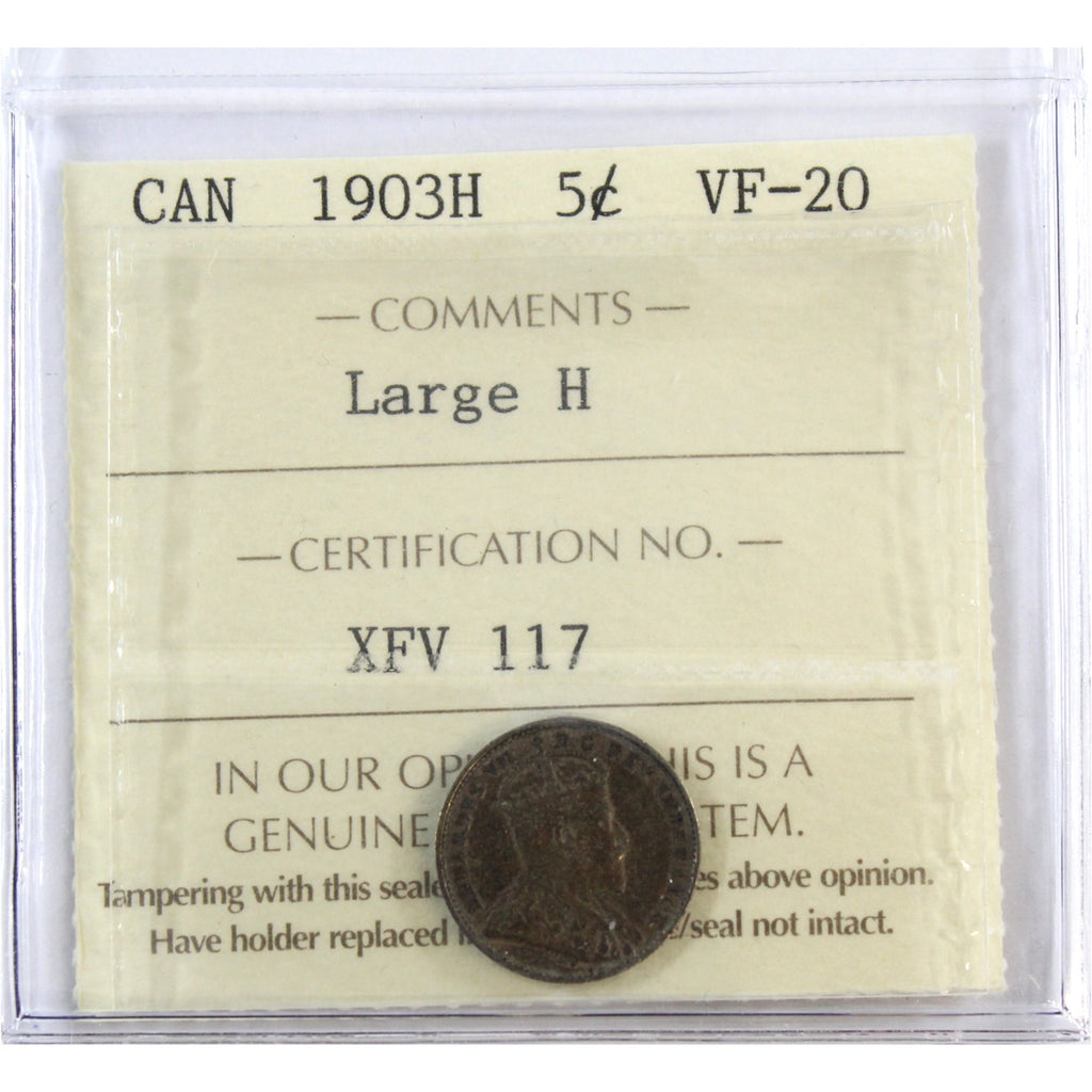 1903H Large H Canada 5-cents ICCS Certified VF20