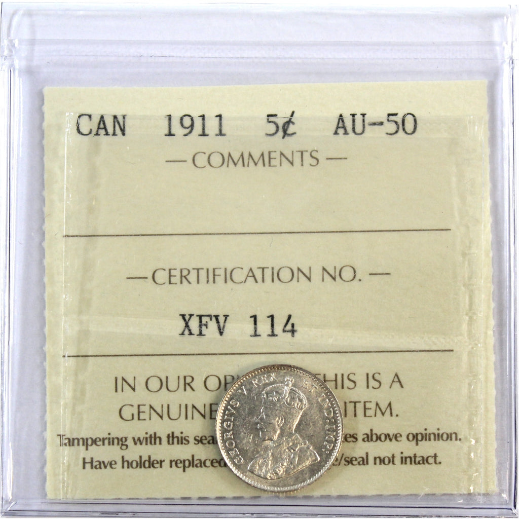 1911 Canada 5-cents ICCS Certified AU50