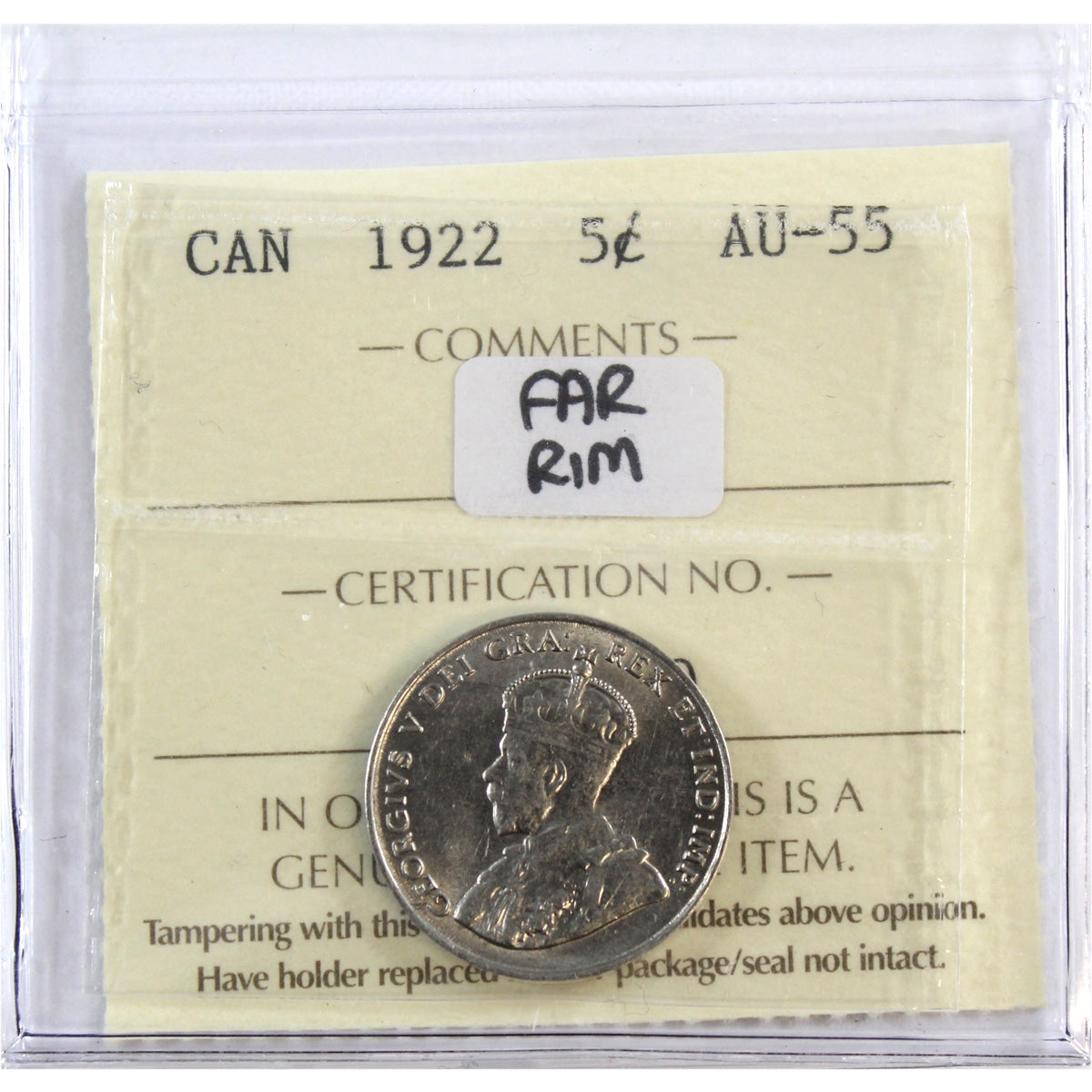 1922 Far Rim Canada 5-cents ICCS Certified AU55