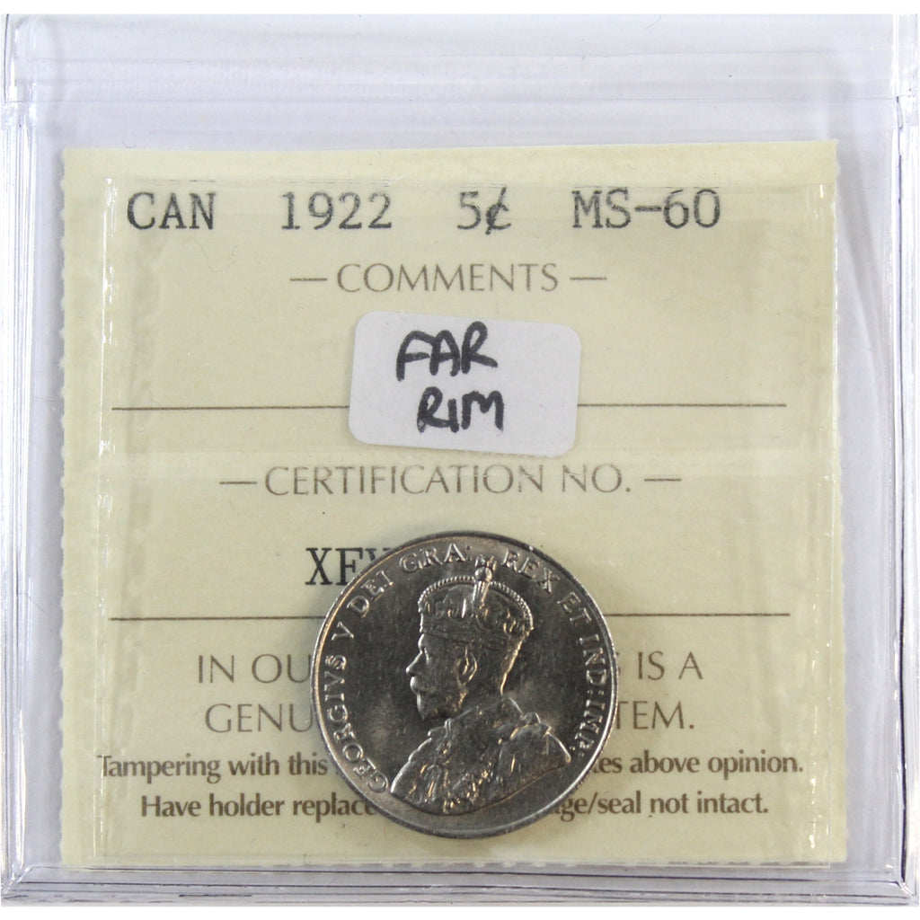 1922 Far Rim Canada 5-cents ICCS Certified MS60